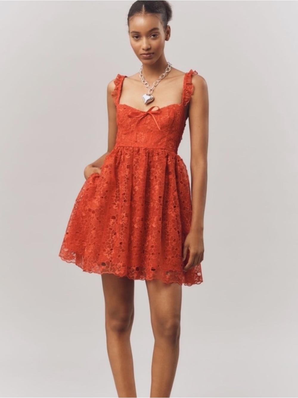 NWT Anthropologie Ruffle Strap Corset Lace Mini Dress Red M